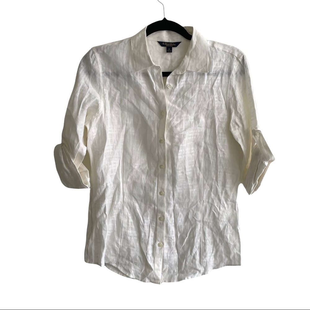 BROOKS BROTHERS Irish Linen Button Front Roll Sleeve Shirt Blouse Ivory 8